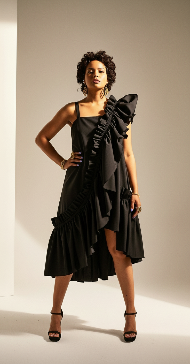Kimi 1 Shoulder Ruffle Detail Midi